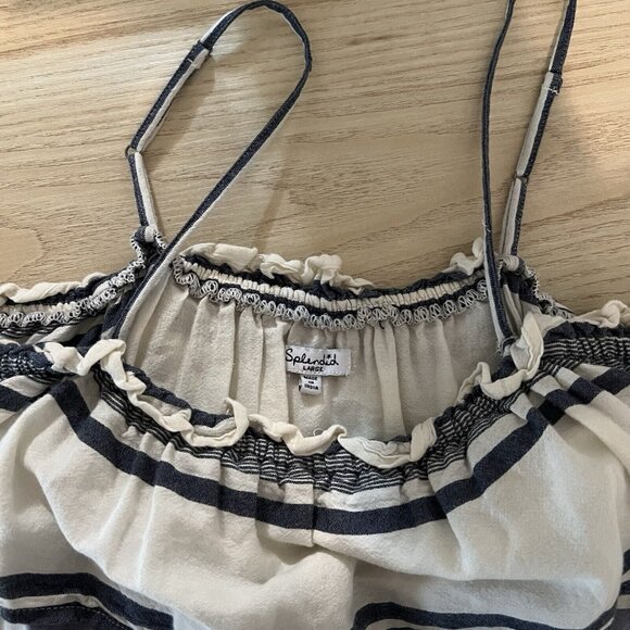 Splendid Cold Off Shoulder Blouse Large XL Striped Navy Ivory Ruffle Top Peasant - Picture 6 of 12